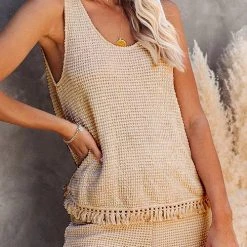 Levency Knit Tassels U Neck Blouse Shorts Set New In