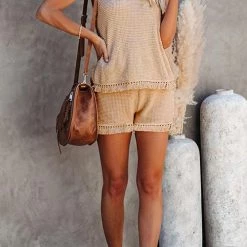 Levency Knit Tassels U Neck Blouse Shorts Set New In
