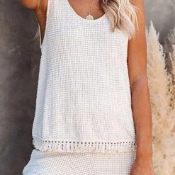 Levency Knit Tassels U Neck Blouse Shorts Set New In