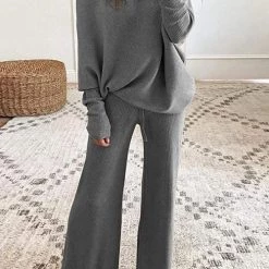 Levency Solid Knit Dew Shouler Pants Sets