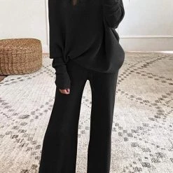 Levency Solid Knit Dew Shouler Pants Sets