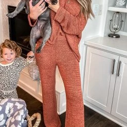 Levency Solid Knit Dew Shouler Pants Sets