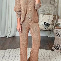 Levency Solid Knit Dew Shouler Pants Sets