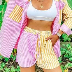Levency New In Patchwork Stripe Shirt Shorts Set