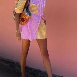 Levency New In Patchwork Stripe Shirt Shorts Set