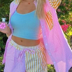 Levency New In Patchwork Stripe Shirt Shorts Set