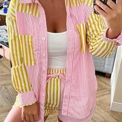 Levency New In Patchwork Stripe Shirt Shorts Set