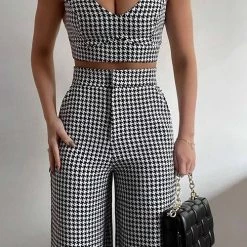 Levency Houndstooth Print Sling Cropped Top With Pants