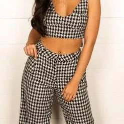 Levency Houndstooth Print Sling Cropped Top With Pants