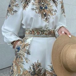 Levency Floral Print Button Long Sleeve Blouse Shorts Set