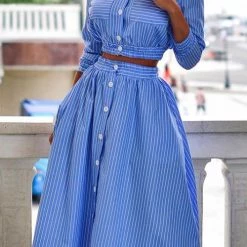 Levency Stripe Button Crop Shirt Skirts Set New In