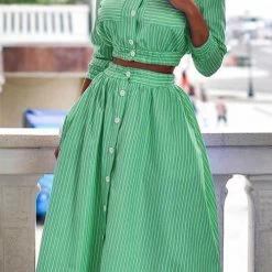 Levency Stripe Button Crop Shirt Skirts Set New In
