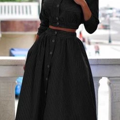 Levency Stripe Button Crop Shirt Skirts Set New In
