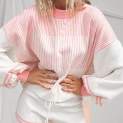 Levency New In Gradient Stripe Puff Sleeve Sweater Shorts Set