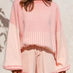 Levency New In Gradient Stripe Puff Sleeve Sweater Shorts Set