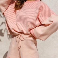 Levency New In Gradient Stripe Puff Sleeve Sweater Shorts Set