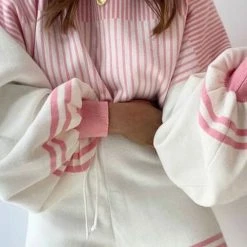 Levency New In Gradient Stripe Puff Sleeve Sweater Shorts Set