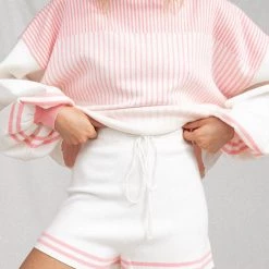 Levency New In Gradient Stripe Puff Sleeve Sweater Shorts Set