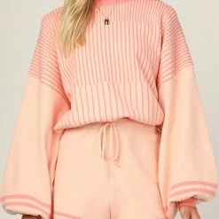 Levency New In Gradient Stripe Puff Sleeve Sweater Shorts Set