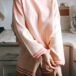 Levency New In Gradient Stripe Puff Sleeve Sweater Shorts Set