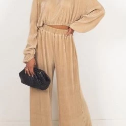 Levency New In Pleated Crop Blouse Wide Leg Pants Set