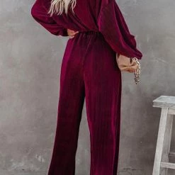 Levency New In Pleated Crop Blouse Wide Leg Pants Set