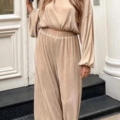 Levency New In Pleated Crop Blouse Wide Leg Pants Set