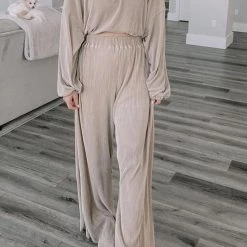 Levency New In Pleated Crop Blouse Wide Leg Pants Set
