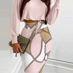 Levency Geometric Long Sleeve Top Drawstring Bodycon Skirt Set