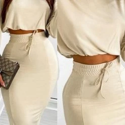 Levency Geometric Long Sleeve Top Drawstring Bodycon Skirt Set