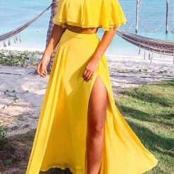 Levency Off Shoulder Crop Slit Maxi Skirts Set