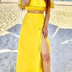 Levency Off Shoulder Crop Slit Maxi Skirts Set