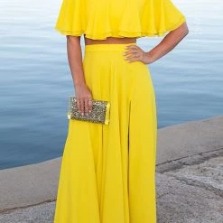 Levency Off Shoulder Crop Slit Maxi Skirts Set