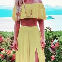 Levency Off Shoulder Crop Slit Maxi Skirts Set