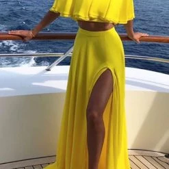 Levency Off Shoulder Crop Slit Maxi Skirts Set