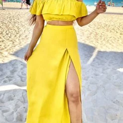 Levency Off Shoulder Crop Slit Maxi Skirts Set