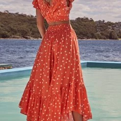 Levency Poka Dot Ruffles V Neck Tank Skirts Set