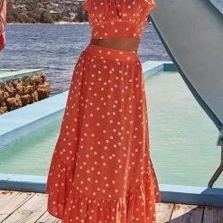 Levency Poka Dot Ruffles V Neck Tank Skirts Set