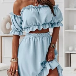Levency New In Flounce Off Shoulder Crop Irregularity Skirt Set