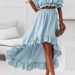 Levency New In Flounce Off Shoulder Crop Irregularity Skirt Set