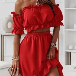 Levency New In Flounce Off Shoulder Crop Irregularity Skirt Set