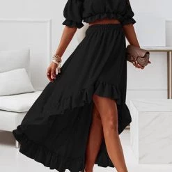 Levency New In Flounce Off Shoulder Crop Irregularity Skirt Set