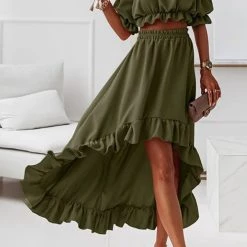 Levency New In Flounce Off Shoulder Crop Irregularity Skirt Set