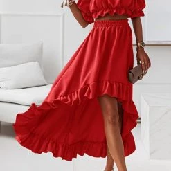 Levency New In Flounce Off Shoulder Crop Irregularity Skirt Set