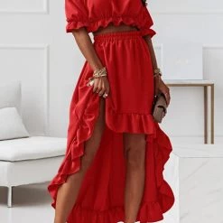 Levency New In Flounce Off Shoulder Crop Irregularity Skirt Set