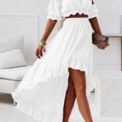 Levency New In Flounce Off Shoulder Crop Irregularity Skirt Set