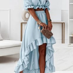 Levency New In Flounce Off Shoulder Crop Irregularity Skirt Set