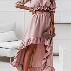 Levency New In Flounce Off Shoulder Crop Irregularity Skirt Set