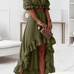 Levency New In Flounce Off Shoulder Crop Irregularity Skirt Set