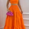 Levency New In Ruffle Trim Shirred Back Crop Maxi Skrits Set